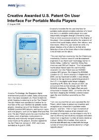 Creative Awarded U.S. Patent on User Interface for Portable Media Players 31 August 2005