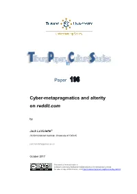 Cyber-Metapragmatics and Alterity on Reddit.Com