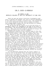 Carl B, Boyer--In Memoriam