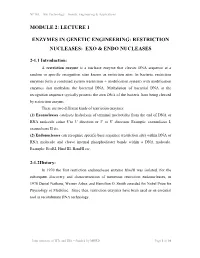 Lecture 1 Enzymes in Genetic Engineering: Restriction Nucleases