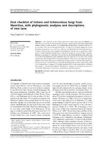 First Checklist of Lichens and Lichenicolous Fungi from Mauritius, with Phylogenetic Analyses and Descriptions of New Taxa