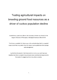 Testing Agricultural Impacts on Breeding Ground Food Resources As a Driver of Cuckoo Population Decline