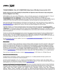 TRANSFORMERS: FALL of CYBERTRON Video Game Officially Announced for 2012