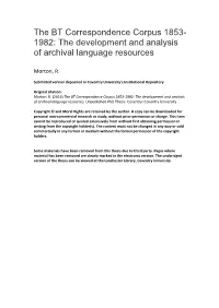 The BT Correspondence Corpus 1853- 1982: the Development and Analysis of Archival Language Resources