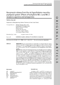 Vasopressin Release from the Rat Hypothalamo-Neurohypophysial System: Effects of Tachykinin NK–1 and NK–2 Receptors Agonis