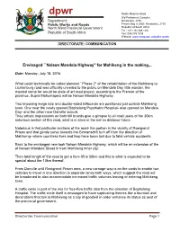 Nelson Mandela Highway'' for Mahikeng in the Making