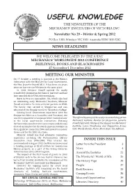 Useful Knowledge the Newsletter of the Mechanics’ Institutes of Victoria Inc
