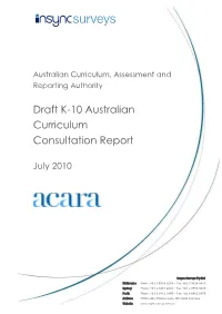 Draft K-10 Australian Curriculum Consultation Report