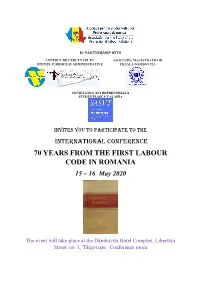 70 YEARS from the FIRST LABOUR CODE in ROMANIA 15 – 16 May 2020