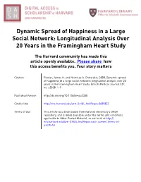Dynamic Spread of Happiness in a Large Social Network: Longitudinal Analysis Over 20 Years in the Framingham Heart Study