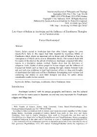 Late Onset of Sufism in Azerbaijan and the Influence of Zarathustra Thoughts on Its Fundamentals