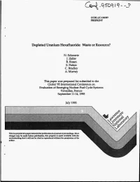 Depleted Uranium Hexafluoride: Waste Or Resource?