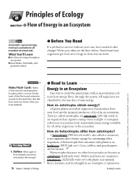 Principles of Ecology Section ●2 Flow of Energy in an Ecosystem