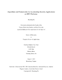Algorithms and Frameworks for Accelerating Security Applications on HPC Platforms