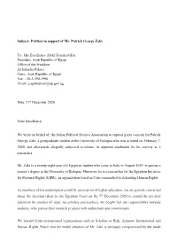 Petition in Support of Mr. Patrick George Zaki To: His Excellency