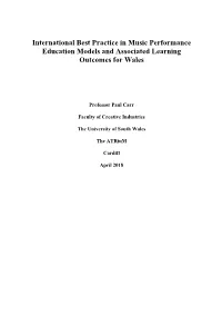 International Best Practice in Music Performance Education Models and Associated Learning Outcomes for Wales