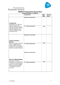 MKM227 Postgraduate Dissertation Student Number: U1249372 Comments Max Actual Mark Mark Supervisor Comments