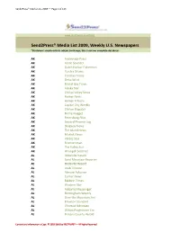 Send2press® Media List 2009, Weekly U.S. Newspapers *Disclaimer: Media Outlets Subject to Change; This Is Not Our Complete Database!