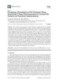 Designing a Formulation of the Nootropic Drug Aniracetam Using 2-Hydroxypropyl-Β-Cyclodextrin Suitable for Parenteral Administration