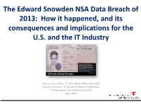 The Edward Snowden NSA Data Breach of 2013: How It Happened, and Its Consequences and Implications for the U.S