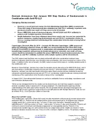 Genmab Announces That Janssen Will Stop Studies of Daratumumab in Combination with Anti-PD-(L)1