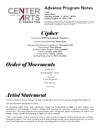 Program Notes Cipher Samita Sinha Saturday, October 11, 2014, 7:30 PM Sunday, October 12, 2014, 2 PM
