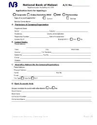 National Bank of Malawi A/C No.______Registered Under the Banking Act 2010 Application Form for Opening A