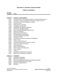 Section 8A: Technical Specifications Table