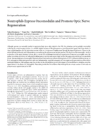 Neutrophils Express Oncomodulin and Promote Optic Nerve Regeneration