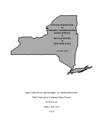 Official Description of Highway Touring Routes, Scenic Byways, & Bicycle Routes in New York State