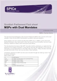 Scottish Parliament Fact Sheet Msps with Dual Mandates 4 October 2016 Msps: Current Series