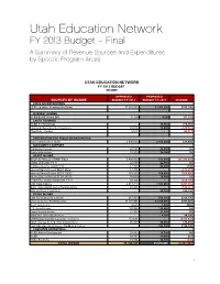 Utah Education Network FY 2013 Budget – Final a Summary of Revenue Sources and Expenditures by Specific Program Areas