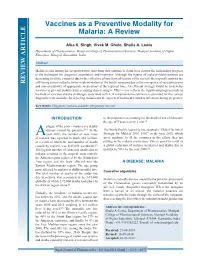 Vaccines As a Preventive Modality for Malaria: a Review