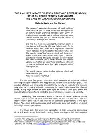 The Analisys Impact of Stock Split and Reverse Stock Split on Stock Return and Volume the Case of Jakarta Stock Exchange