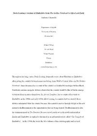 Doris Lessing's Versions of Zimbabwe from the Golden Notebook to Alfred