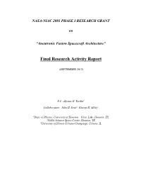 NIAC 2011 Phase I Tarditti Aneutronic Fusion Spacecraft Architecture Final Report