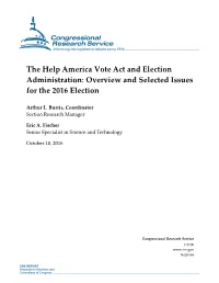 The Help America Vote Act and Election Administration: Overview and Selected Issues for the 2016 Election