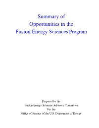 Summary of Opportunities in the Fusion Energy Sciencesprogram