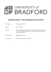 Jacquetta Hawkes - Basic Biographical Information
