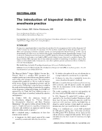 The Introduction of Bispectral Index (BIS) in Anesthesia Practice
