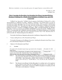 Notice Concerning the Execution of an Absorption-Type Merger