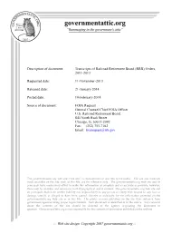 Transcripts of Railroad Retirement Board (RRB) Orders, 2011-2013