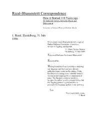 Rizal-Blumentritt Correspondence How It Started 110 Years Ago 50 Selected Letters Between Rizal and Blumentritt