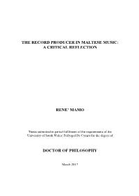 The Record Producer in Maltese Music: a Critical Reflection Rene' Mamo