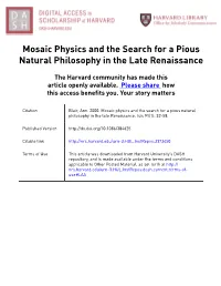 Mosaic Physics and the Search for a Pious Natural Philosophy in the Late Renaissance