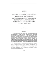 Headley V. Church of Scientology International As an Argument for Placing Limits on the Ministerial Exception from Clergy Disputes