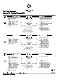 Full Time Summary Matchday 2 - Tuesday 1 October 2019