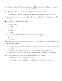 Java Primitive Numeric Types, Assignment, and Expressions: Data