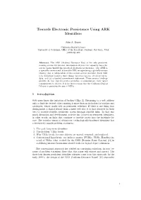 Towards Electronic Persistence Using ARK Identifiers