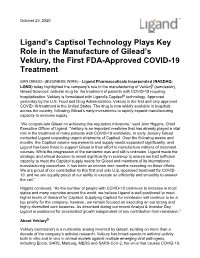 Ligand's Captisol Technology Plays Key Role in the Manufacture Of